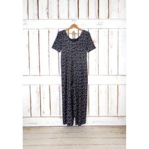 90s vintage black pink floral short sleeve wide leg jumpsuit